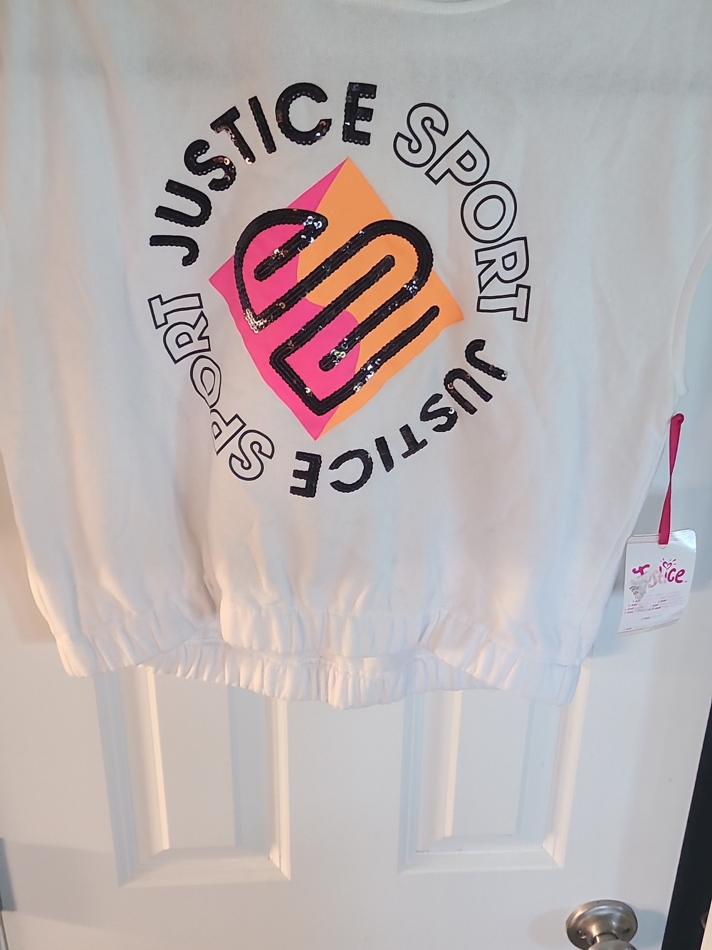 Justice White Sleeveless Hooded Top with Pink & Orange Logo - Picture 2 of 4